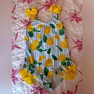 Girls Lemon Stripe One-Piece Swimsuit with Ruffle Accents